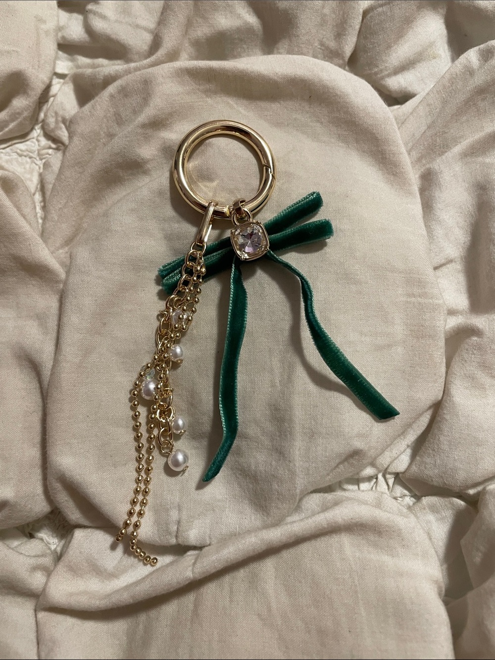 Free People Gold Tone Green Velvet Bow Pearl Draped Chain Bag Charm Coquette